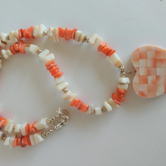 Handmade Valentines Heart Necklace with Peach Coral White Shell Beads 19 Inch - Picture 8 of 16